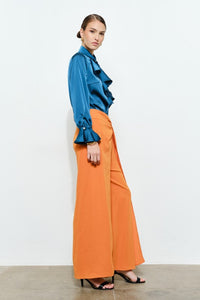 Teal Chic Satin Ruffled Jeweled Bell Sleeves Blouse Top