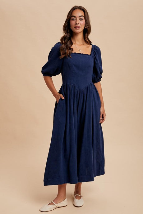Navy Cotton Square Neck Maxi Dress