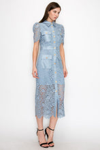 Slate Blue Puff Short Sleeves Buttoned Flower Lace Midi Dress