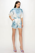 White/Blue Short Puff Sleeve Paisley Print Top & Short Pants