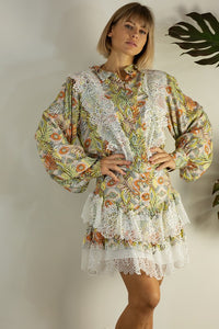 Orange Multi Lace Patch Shirts And Skirt Set