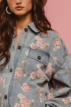 Floral Print Washed Denim Shacket With Side Pocket