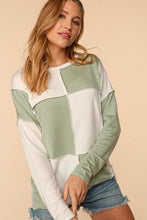 Ivory/Sage Square Color Block Reverse Stitch Knit Top