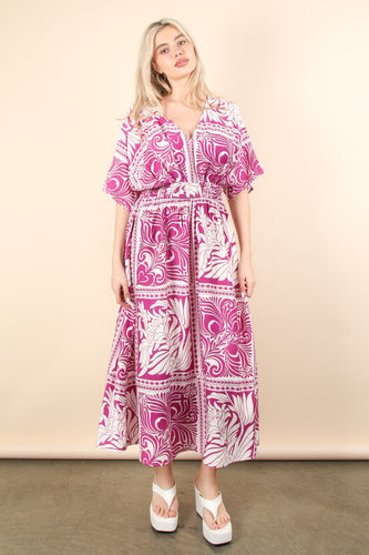Fuchsia Printed V-neck Boho Midi Dress