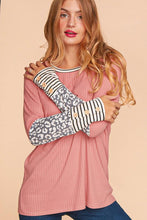 Mauve/Grey/Ivory Rib Leopard Print Stripe Color Block Knit Top