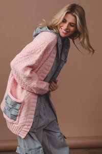 Blush/Denim Washed Checker Denim Zip Up Sweater Cardigan