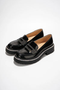 Black Womens Rhinestone Lug Sole Chunky Loafers