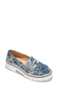 Denim Womens Rhinestone Lug Sole Chunky Loafers