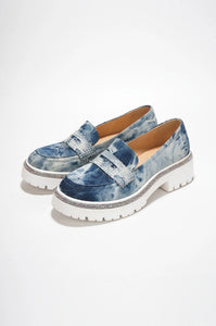 Denim Womens Rhinestone Lug Sole Chunky Loafers