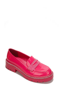 Pink Womens Rhinestone Lug Sole Chunky Loafers