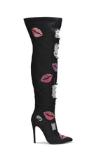Black Womens Hole Denim Stiletto Thigh High Boots