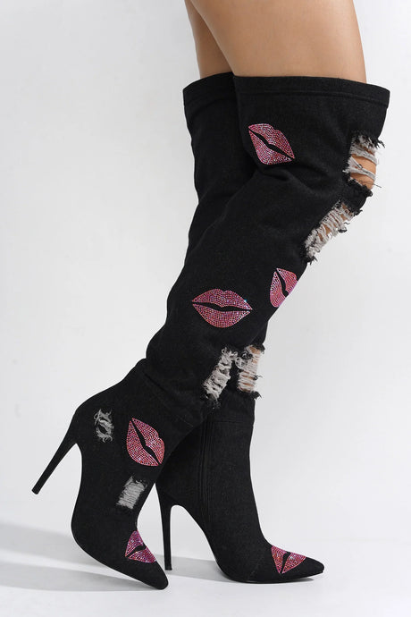 Black Womens Hole Denim Stiletto Thigh High Boots