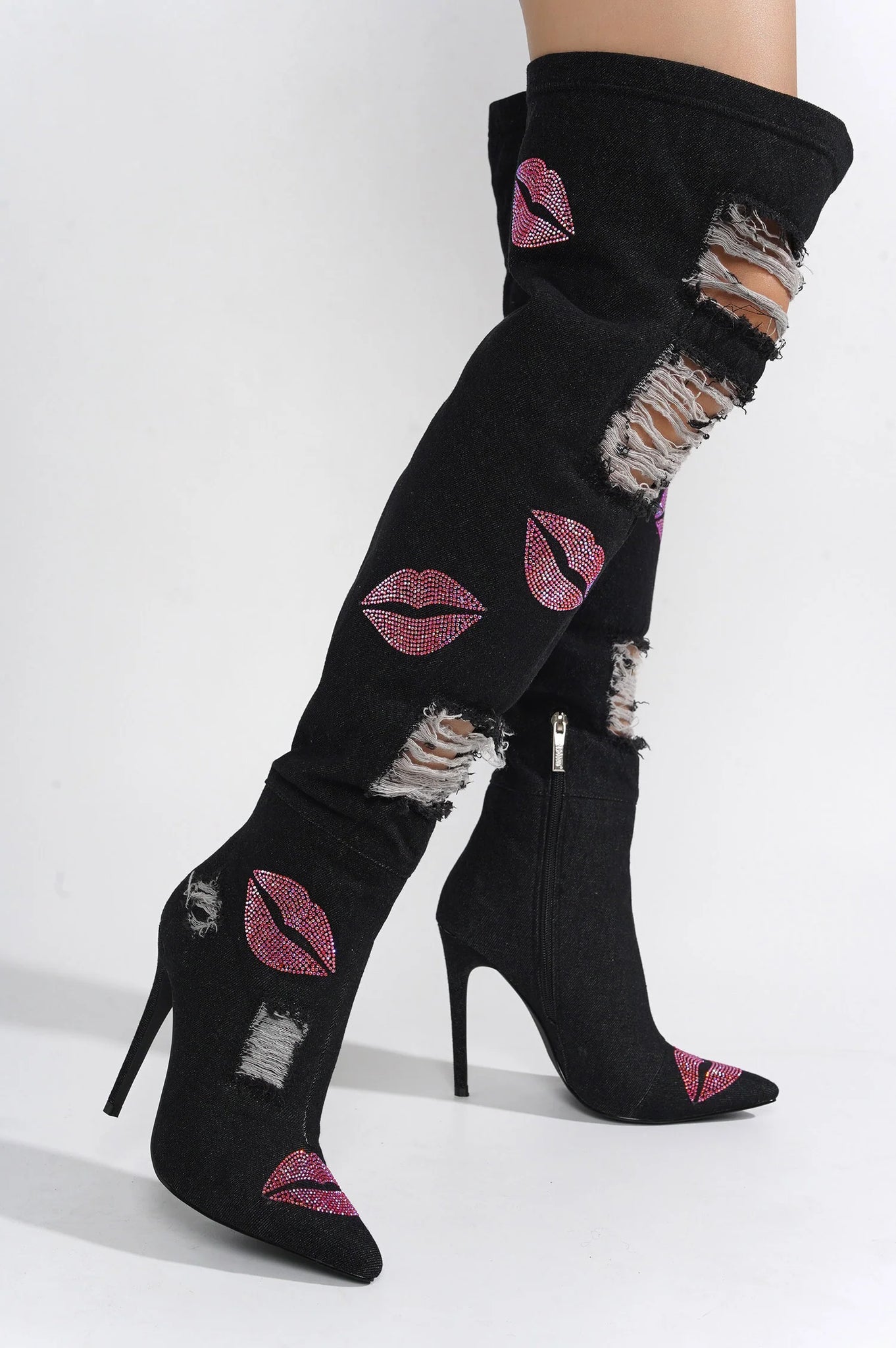 Black denim thigh deals high boots