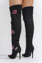 Black Womens Hole Denim Stiletto Thigh High Boots