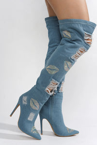 Blue Womens Hole Denim Stiletto Thigh High Boots