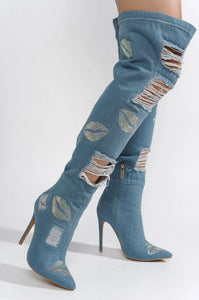 Blue Womens Hole Denim Stiletto Thigh High Boots