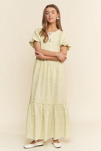 Pastel Lime Finely Floral Embroidered Tiered Maxi Dress