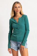 Hunter Green Acid Washed Half Placket Ribbed Knit Top