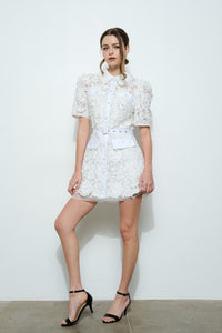 White Short Puff Sleeve Floral Lace Belted Mini Dress