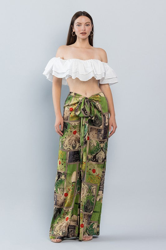 Olive Oriental Mood Print Wide Satin Pants
