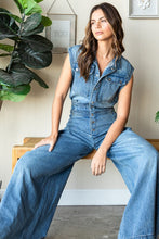 Medium Wash Denim Button Down Sleeveless Jumpsuit