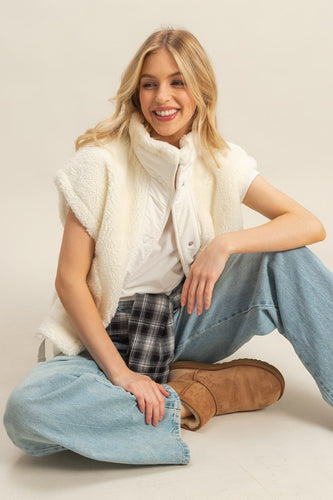 White Cozy Sherpa Vest Jacket With Tie-up Side Details