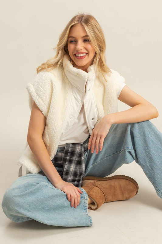 White Cozy Sherpa Vest Jacket With Tie-up Side Details