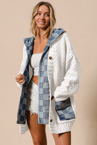 Ivory/Denim Washed Checker Denim Zip Up Sweater Cardigan