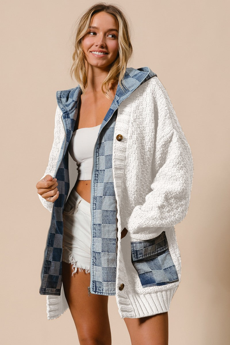 Ivory/Denim Washed Checker Denim Zip Up Sweater Cardigan