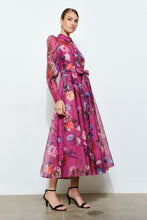 Berry Floral Organza Puff Sleeve Belted Shirt Dress