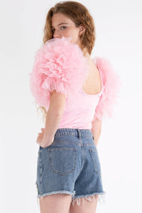 Light Pink Solid Exaggerated Bodysuit W Mesh Ruffle Sleeves