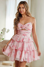 Pink Strapless Rosette Pleat Soft Chiffon Print Dress