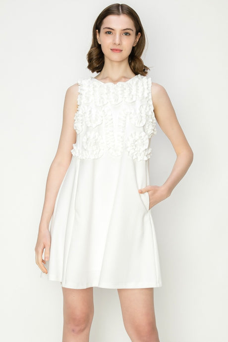 White Crewneck Floral Ruffled Sleeveless Mini Dress