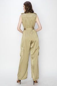 Olive Satin V-Neck Side Pockets Cargo Pants Jumpsuit