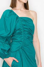 Teal Cotton Ruched Detail One Shoulder Dress