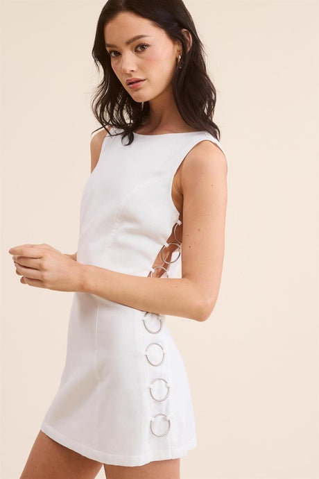 Off White Side Cut Out Mini Dress With Unique Metal