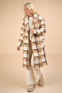 Mocha Mix Oversized Plaid Soft Fuzzy Button Down Long Coat