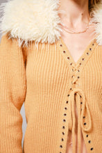 Camel Faux Fur Trim Lace Up Cardigan