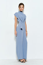 Cornflower Blue High Neck Draped Waist Cap Sleeve Jumpsuit