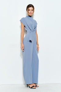 Cornflower Blue High Neck Draped Waist Cap Sleeve Jumpsuit