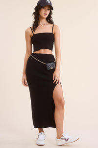 Black Solid Ribbed-Knit Tank And Midi Slit Skirt