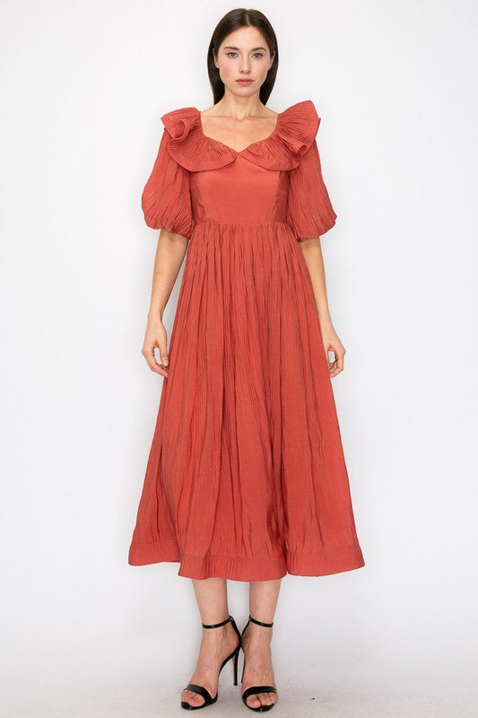 Clay Short Puff Sleeve Pleated Ruffle Trim Midi Dress