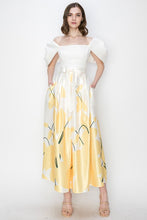 Yellow Flower Print Pleated Maxi Skirt with Waist Ribbon