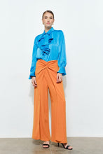 Teal Chic Satin Ruffled Jeweled Bell Sleeves Blouse Top