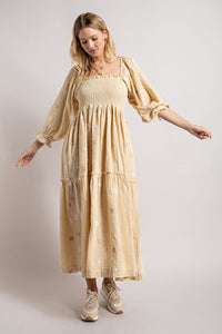 Beige Gauze Embroidery Smocking Tiered Gradient Dress