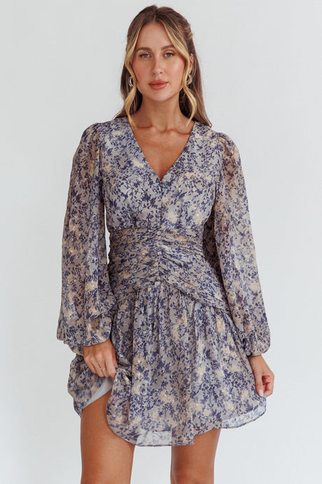 Blue Long Sleeve V Neck Chiffon Mid Dress