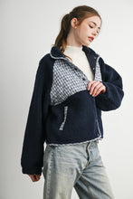 Navy Multi Quilted Plaid Sherpa Fleece Snap Jacket