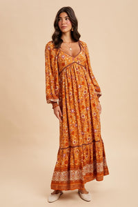Pumpkin Spice Floral Contrast Piped Border Print Maxi Dress