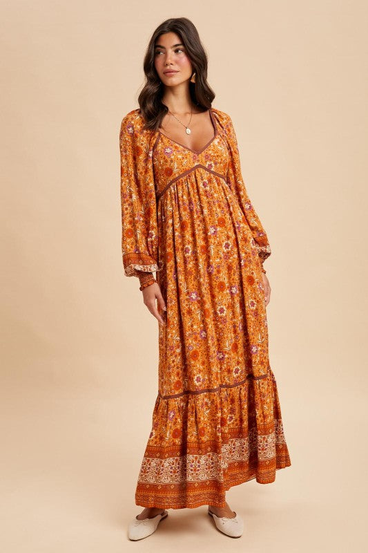 Pumpkin Spice Floral Contrast Piped Border Print Maxi Dress