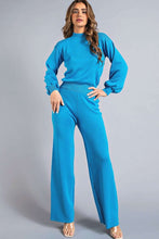 Blue Banded Wrist Knit Top And Bottom Set